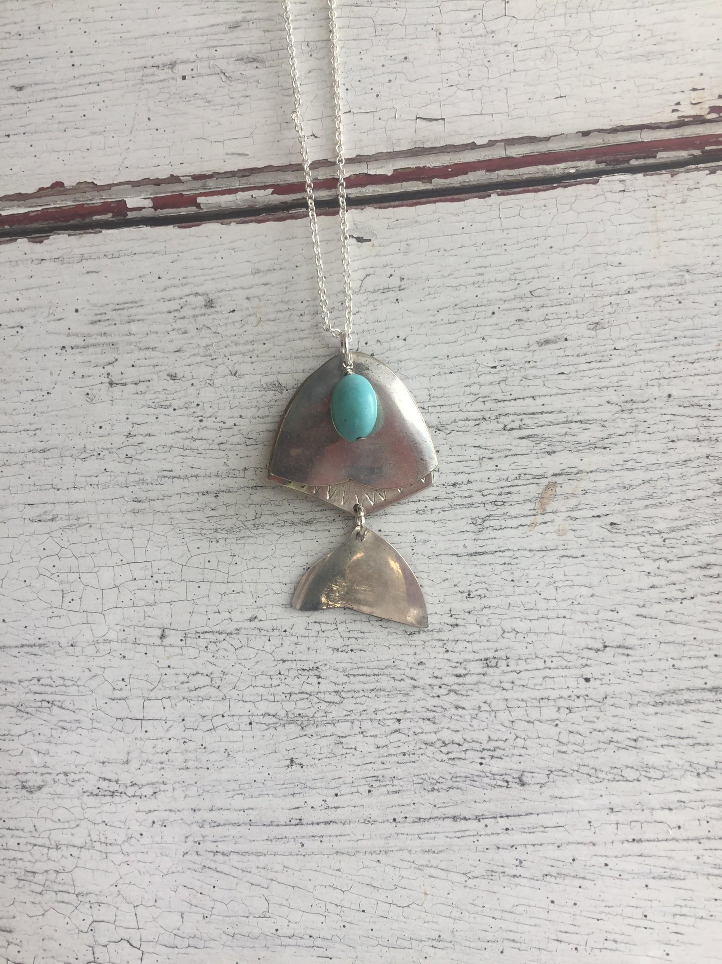 Articulated Fish Necklace from Upcycled Spoons with Stone Bead - #3354