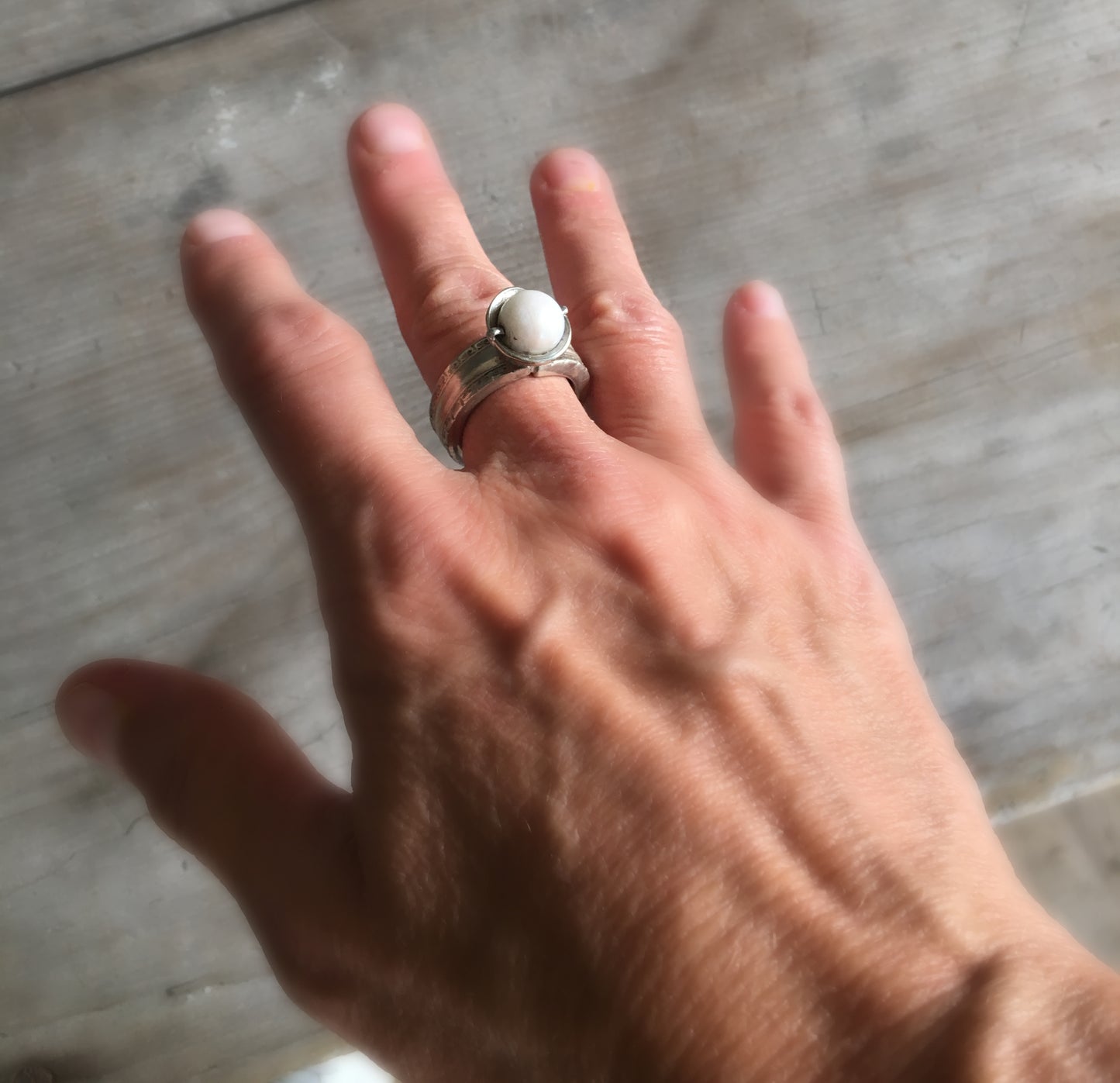Spoon Ring with Cultured Pearl Bead Mounted on Top Size 9.5 Shown on hand for scale
