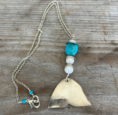 SALE "Oceans" Spoon Whale Tail Necklace Turquoise Colored Stone Beads - #4216