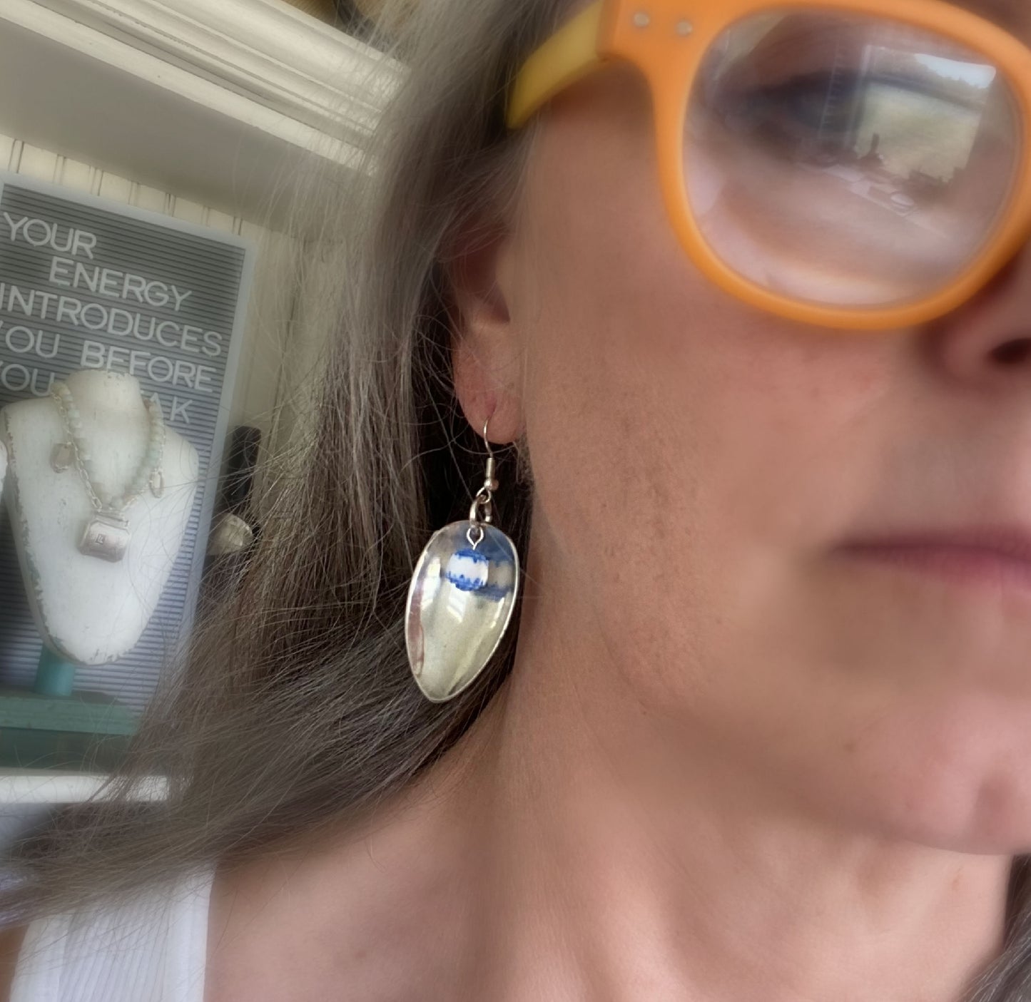 Spoon Earrings with Blue & White Beads - #4263