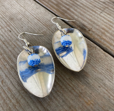 Spoon Earrings with Blue & White Beads - #4263