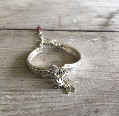 Spoon Bracelet Community Fortune with Dragonfly Charm and pink glass bead