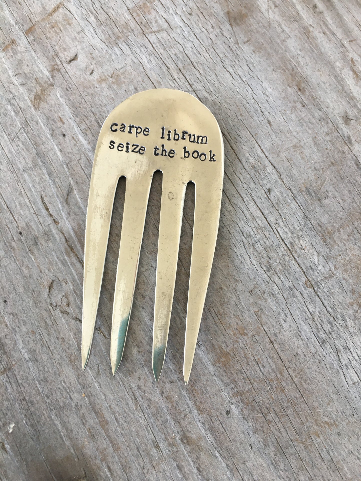Upcycled vintage fork bookmark CARPE LIBRUM - unique gift for book lovers and bibliophiles