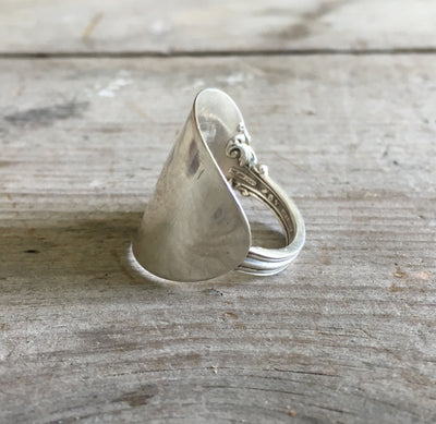 Close-up of Marlborough pattern detail on Reed and Barton sterling silver spoon ring - Sterling spoon ring - handcrafted from upcycled vintage silverware - Laughing Frog Studio