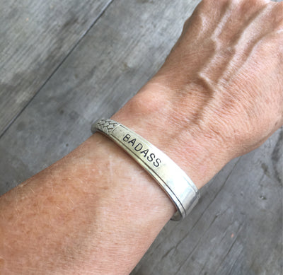 Spoon Cuff Bracelet Hand Stamped BADASS Shown on Model