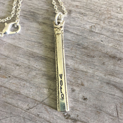 Hand Stamped vertical bar spoon necklace VOTE