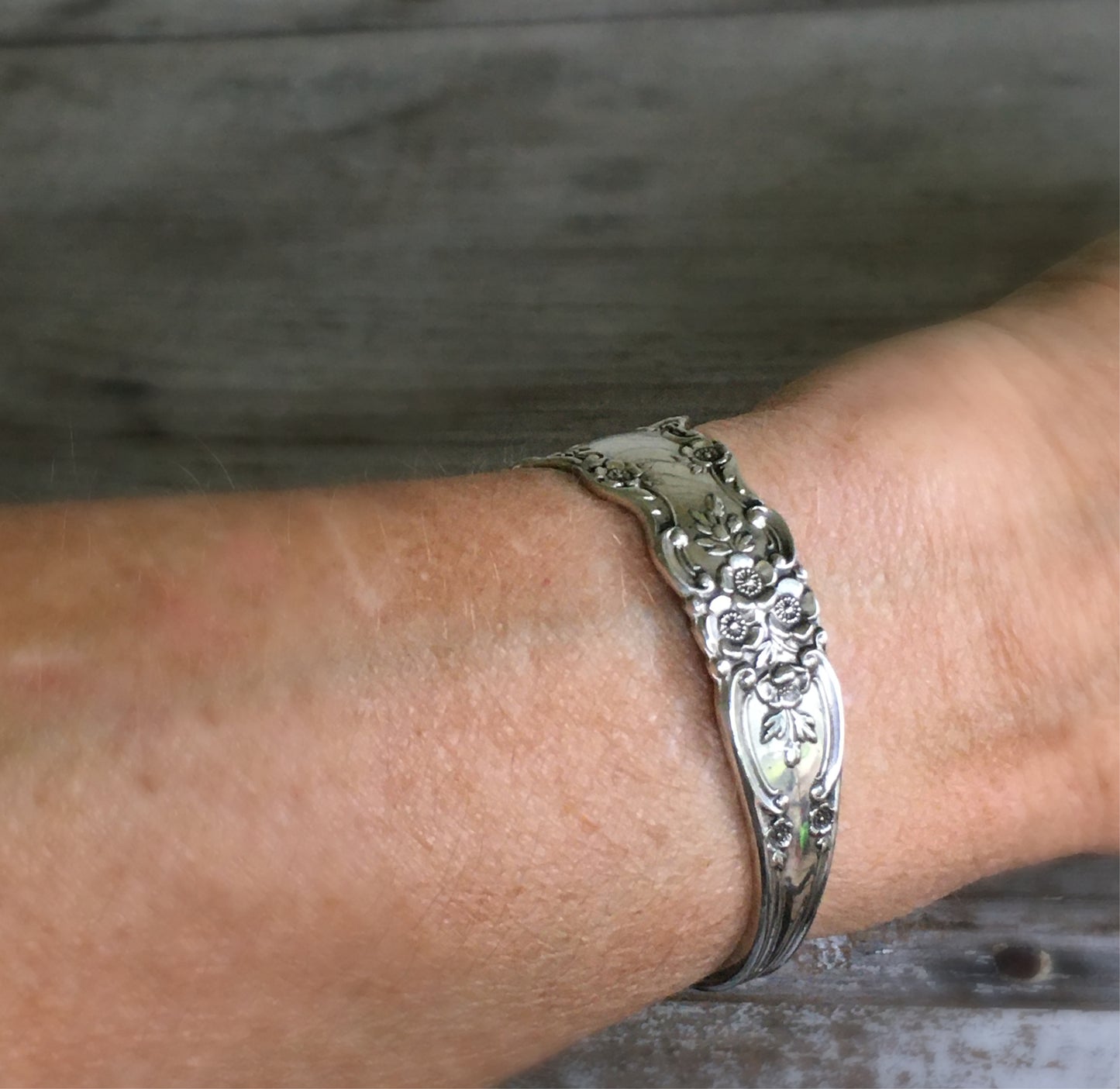 Sterling Silver Gorham Buttercup Spoon Cuff Bracelet Shown on Model Wrist