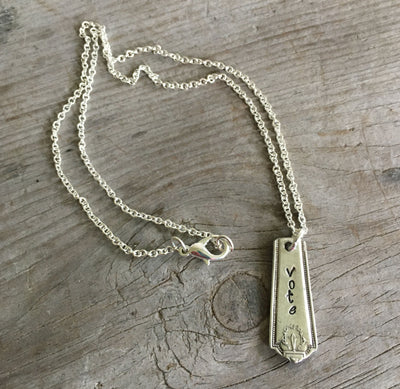 Handcrafted VOTE bar necklace hand-stamped on upcycled William Rogers Homestead silverplate with typewriter-style font, 19-inch chain