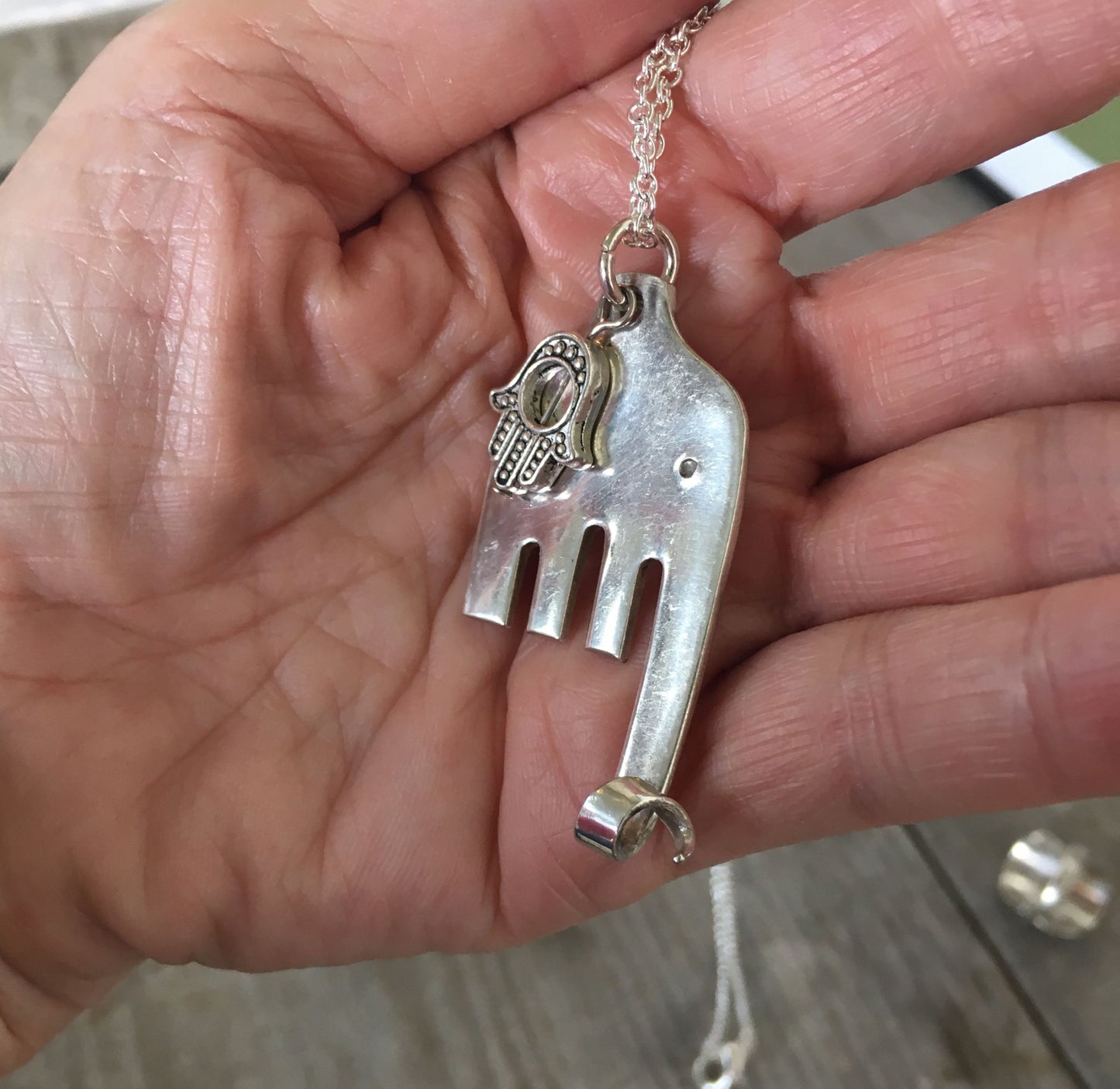 Fork Elephant Necklace with Hamsa Bead - #4575