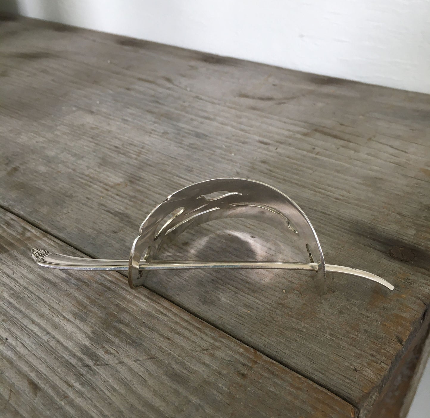 Thickness view of Hair barrette Stick Barrette made from upcycled silverplate cake server