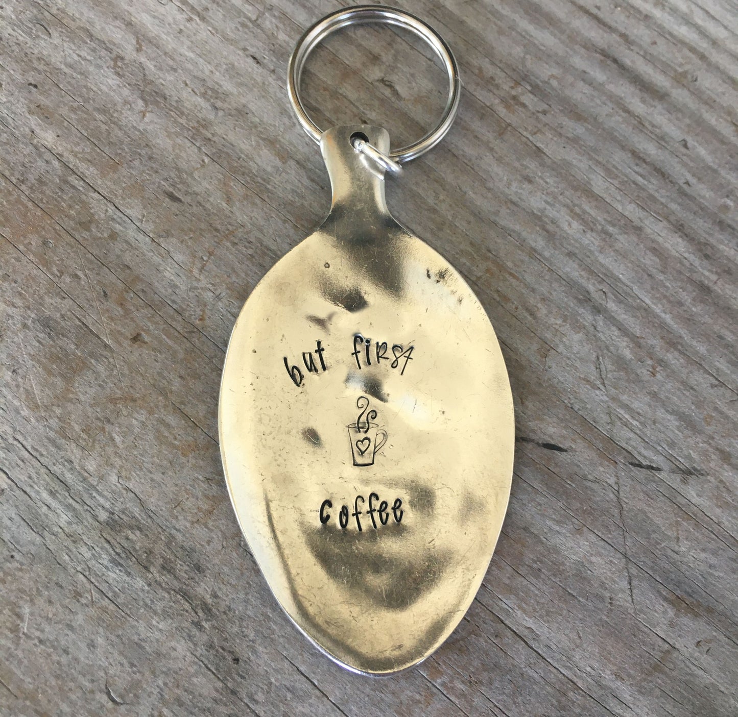 But First Coffee vintage spoon keychain handcrafted from upcycled antique silverware coffee enthusiast gift