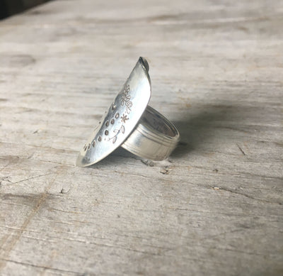 Hand-stamped Fawn statement ring - nature-inspired vintage silverware jewelry