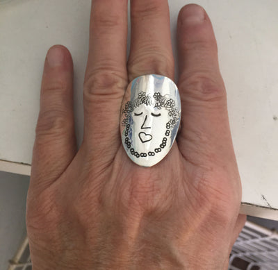 Women of Nature Sage spoon ring size 9.0 - unique artisan statement jewelry shown on model