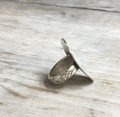 Shank view of hand-stamped Ellery statement ring - nature-inspired vintage silverware jewelry