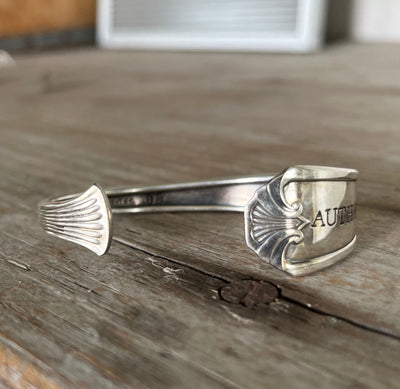 Upcycled vintage spoon cuff bracelet Fidelis pattern with hand-stamped message - handcrafted artisan silverware jewelry
