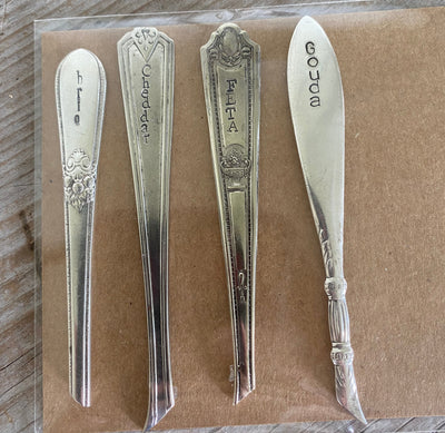 Hand-stamped vintage silverware cheese markers detail - mismatched upcycled antique handles for cheese board entertaining