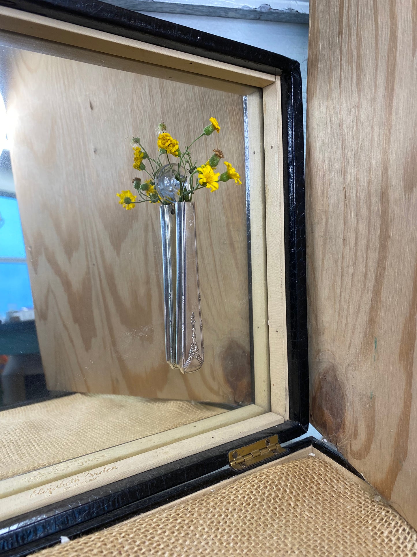 Detail view of vintage silverplate window vase showing Milady pattern detail and smooth buffed finish