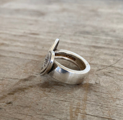 Heart spoon ring showing scrap-bin shank and Community Silverplate Grosvenor pattern from 1921