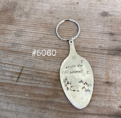 Hand-stamped vintage spoon keychain with Enjoy the Journey inspirational message upcycled silverware