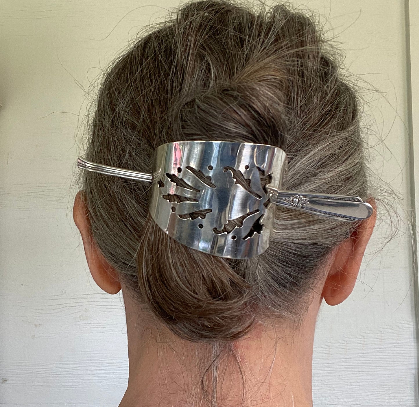 Hair Barrette from Upcycled Cake Server Shown in Model's Hair