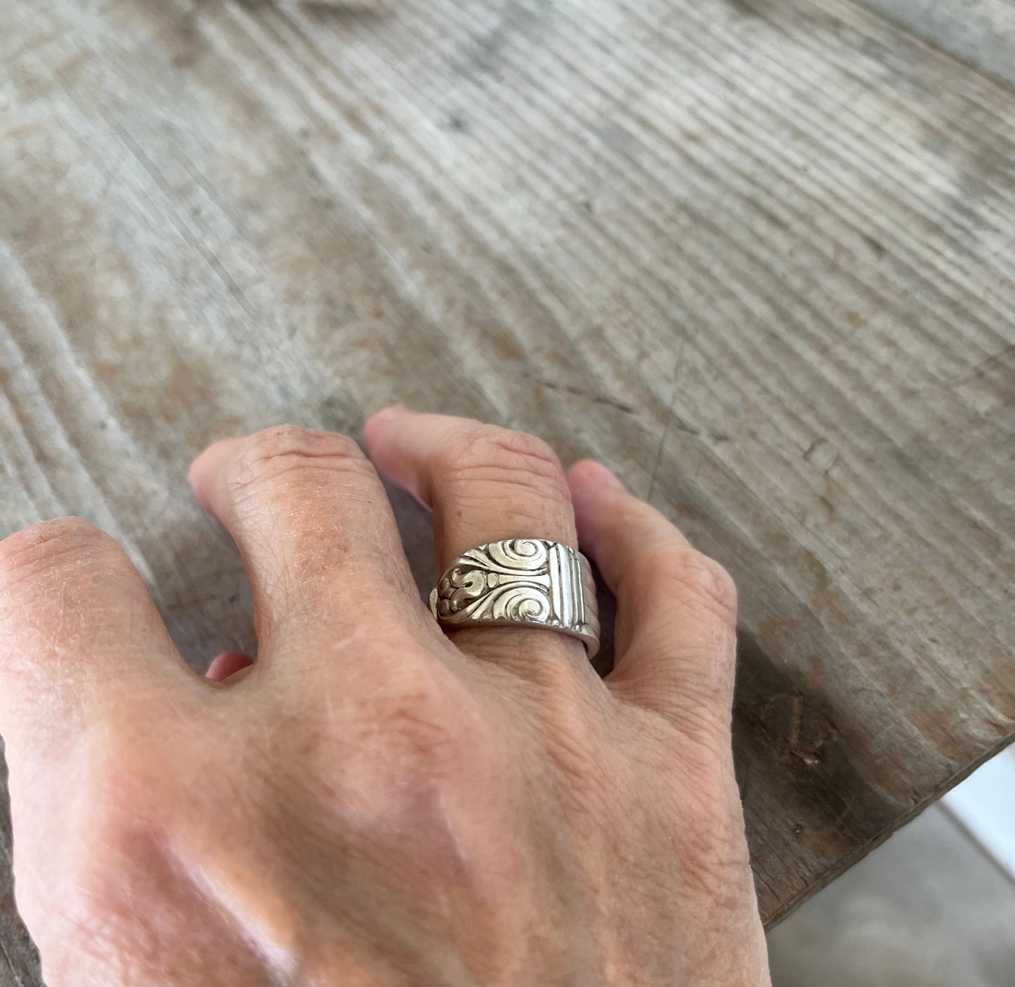 DANISH QUEEN spoon ring worn on hand showing size and fit of upcycled silverware ring