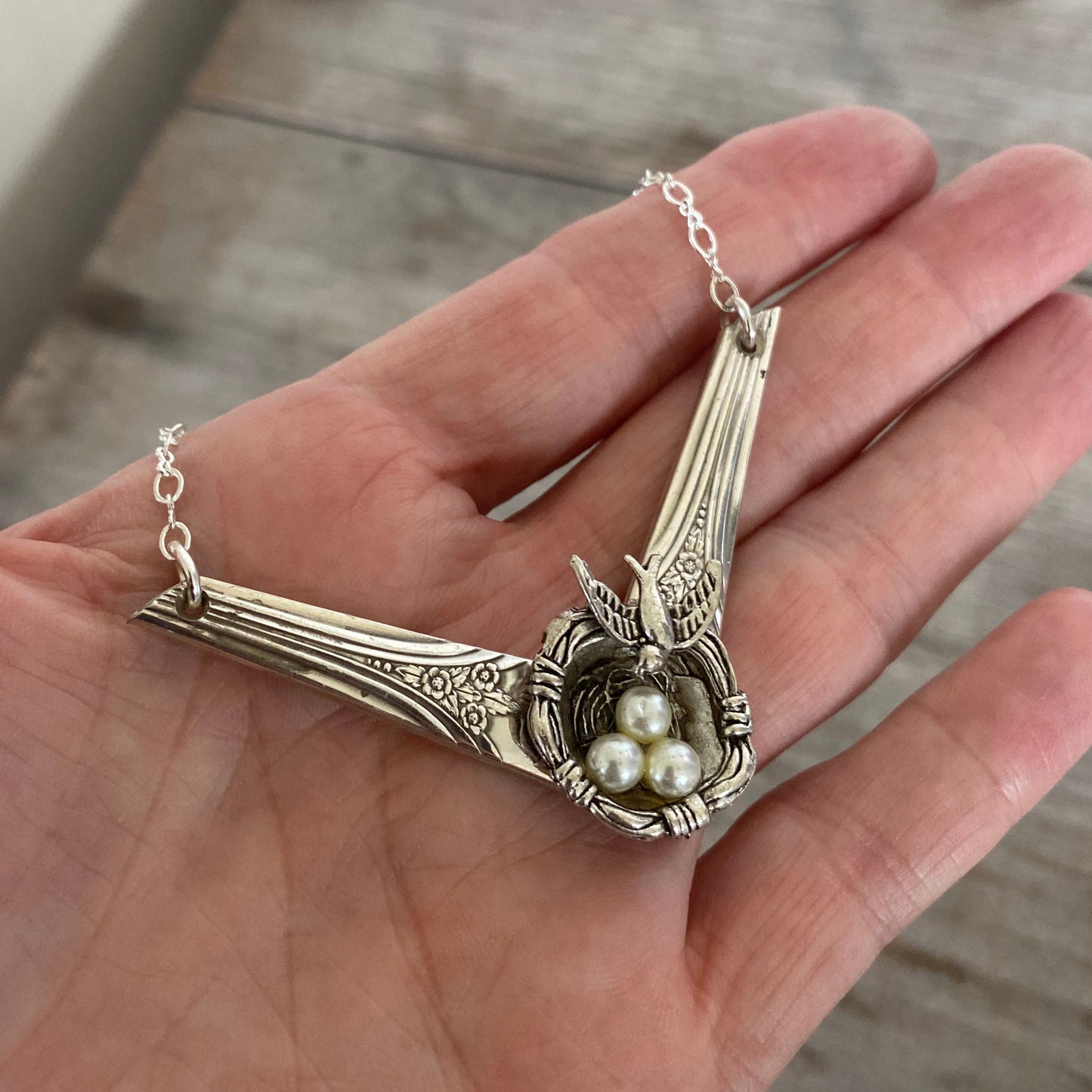 Spoon Chevron Necklace with Bird Nest Charm - #5176