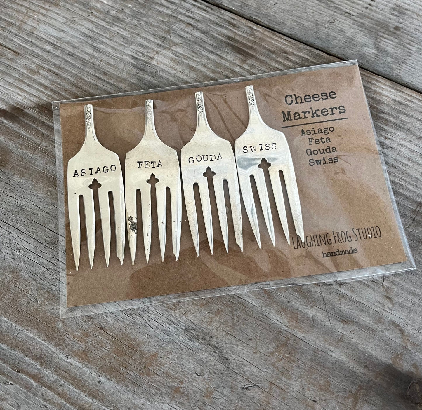 Upcycled vintage fork cheese markers set of 4 - hand-stamped labels for Asiago, Feta, Gouda, Swiss - antique silverware hostess gift