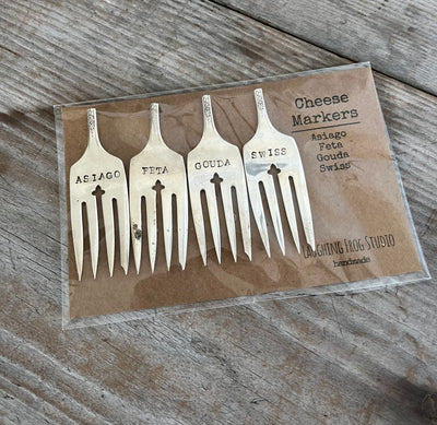 Upcycled vintage fork cheese markers set of 4 - hand-stamped labels for Asiago, Feta, Gouda, Swiss - antique silverware hostess gift