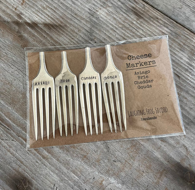 Upcycled vintage fork cheese markers set of 4 - hand-stamped Asiago, Brie, Cheddar, Gouda - antique silverware hostess gift