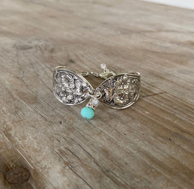 Eco-friendly upcycled Fairfield pattern spoon bracelet with aqua jadeite bead - handmade 1913 vintage silverware jewelry