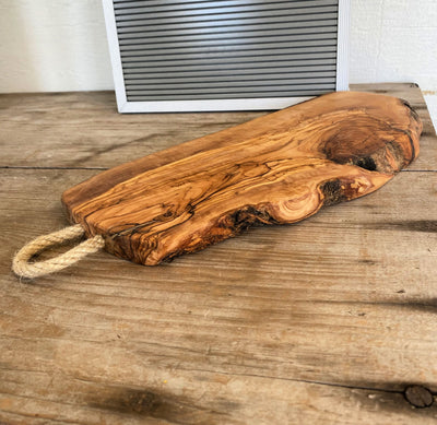 Handmade olivewood serving board with rope handle - natural grain and antibacterial Italian wood charcuterie platter