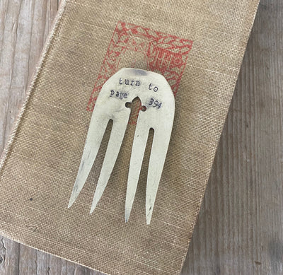 Handcrafted fork bookmark stamped TURN TO PAGE 394 - unique Harry Potter gift for book lovers