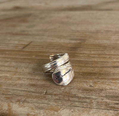 BRIE hand-stamped coil wrap spoon ring side view - handcrafted from upcycled vintage silverware - Laughing Frog Studio