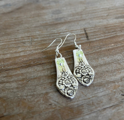 Handcrafted Plantation spoon earrings with chartreuse beads and romantic floral design from 1948 1881 Rogers vintage silverplate