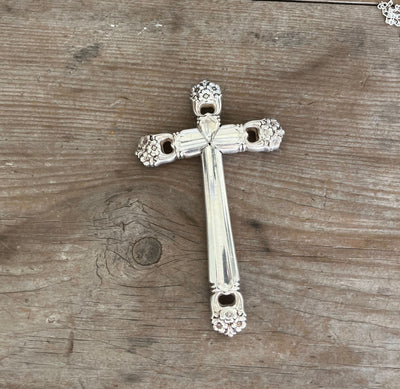 Handcrafted cross-shaped Bible bookmark made from 1847 Rogers Bros Eternally Yours knives