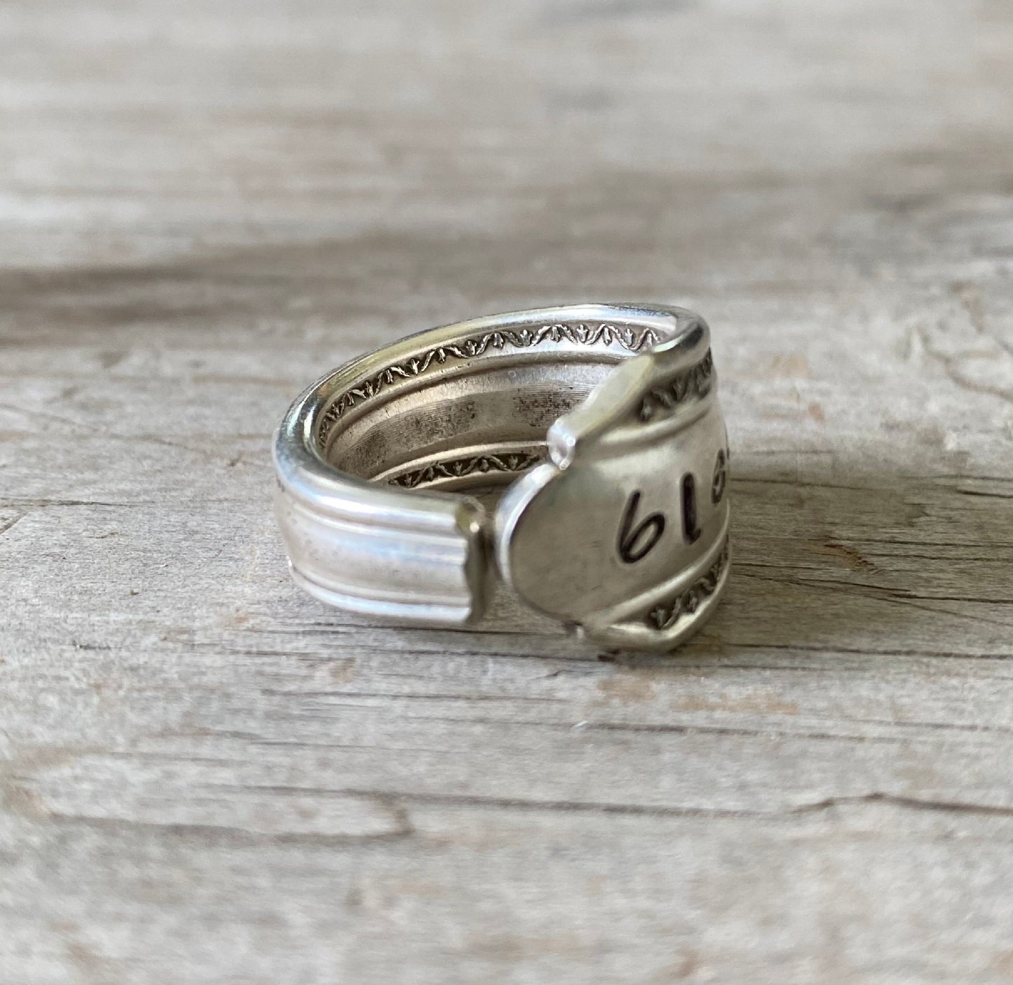 Side view of hand stamped spoon Ring