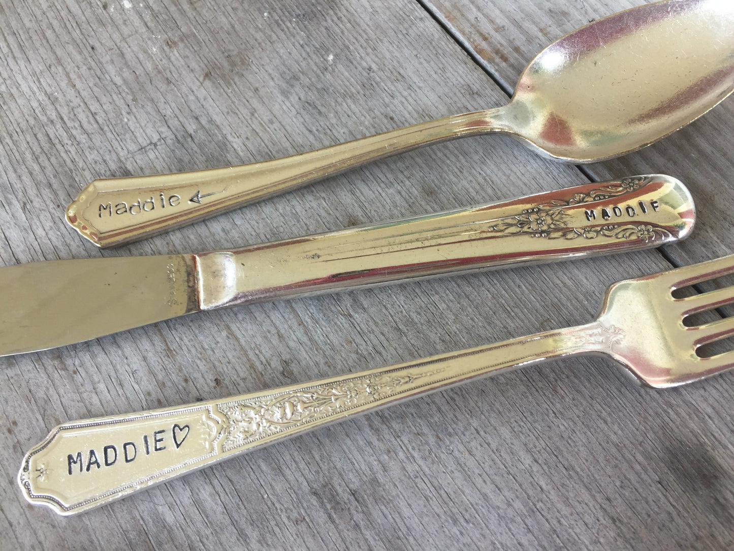 Custom stamped vintage silverware place setting - mismatched fork knife spoon with personalization