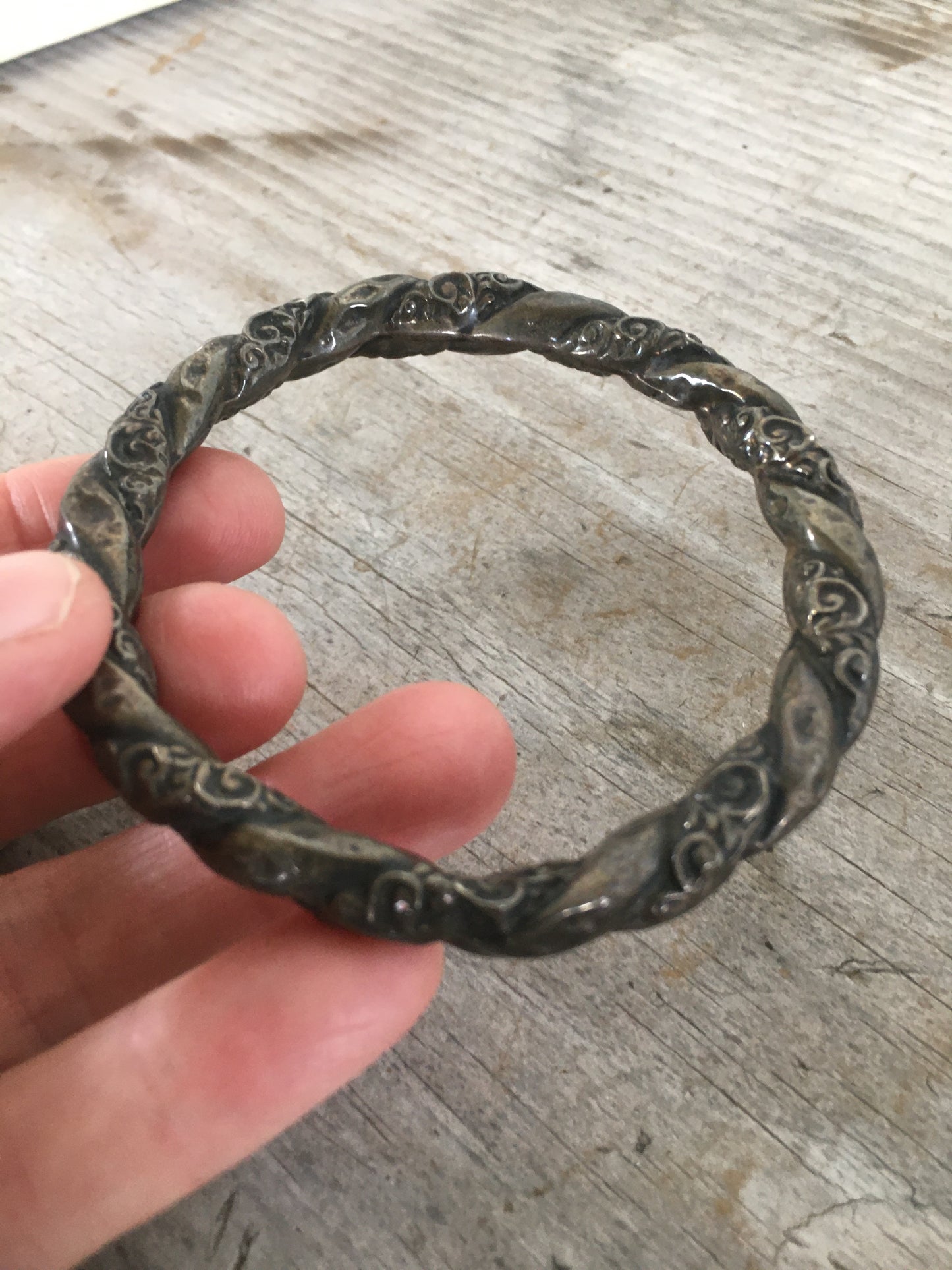 Sterling Silver Victorian Repousse Hollow Bangle Bracelet