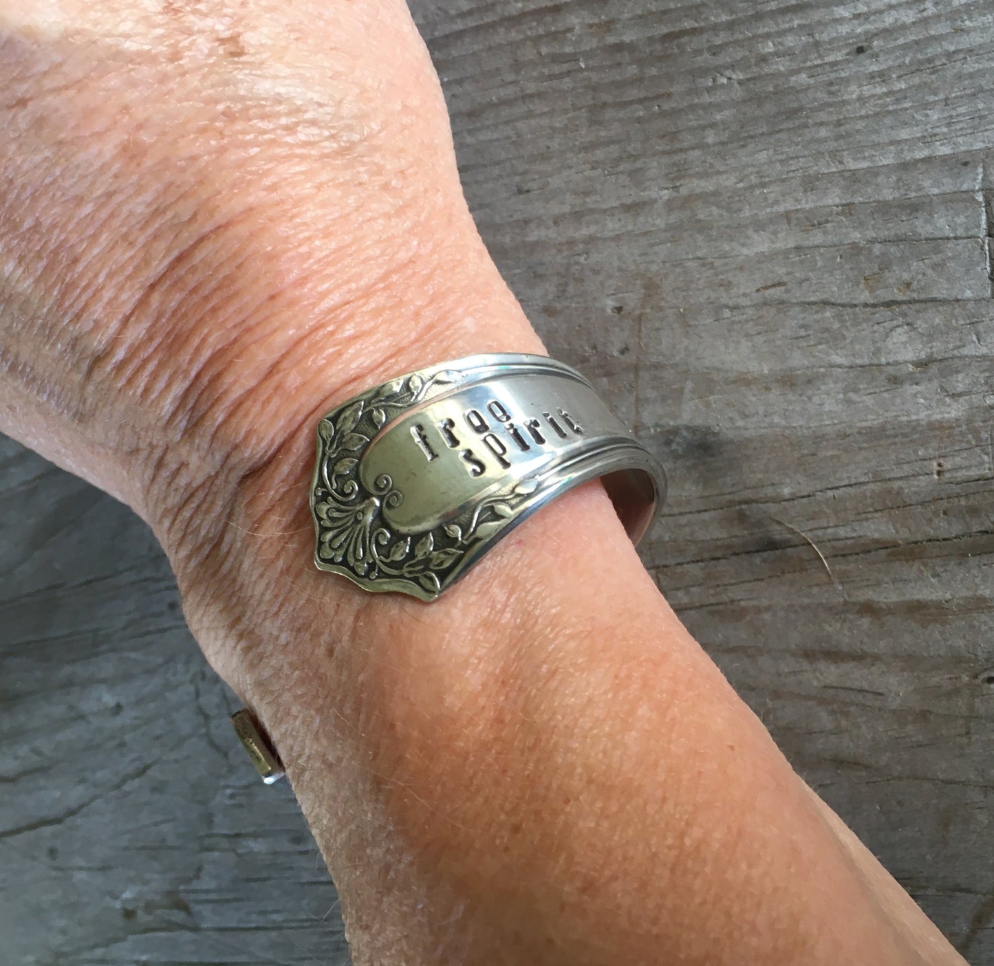 Spoon Cuff Bracelet Hand Stamped Free Spirit Shown on Wrist
