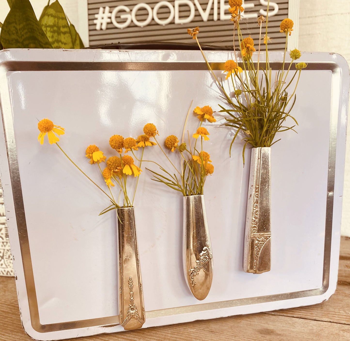 Collection of Queen Bess Knife vases with magnets displayed on a metal surface each holding a bouquet of wildflowers