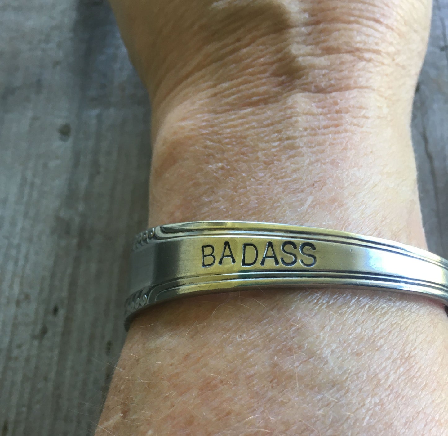 Spoon Cuff Bracelet Stamped Badass Shown on Model View 2
