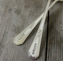 Closeup of the handstamping on the Paris Bride and Groom Wedding Cake Forks
