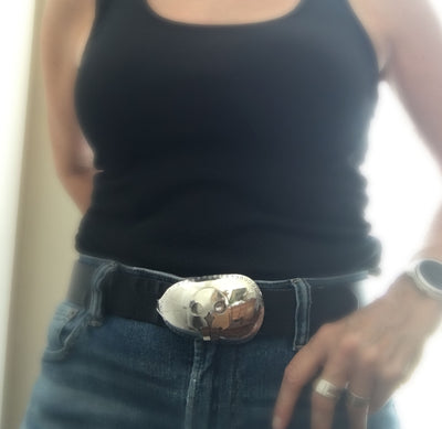 Skull spoon belt buckle modeled on leather belt showing vintage meat fork skull detail on casserole spoon, fits 1.75-inch belt, one-of-a-kind