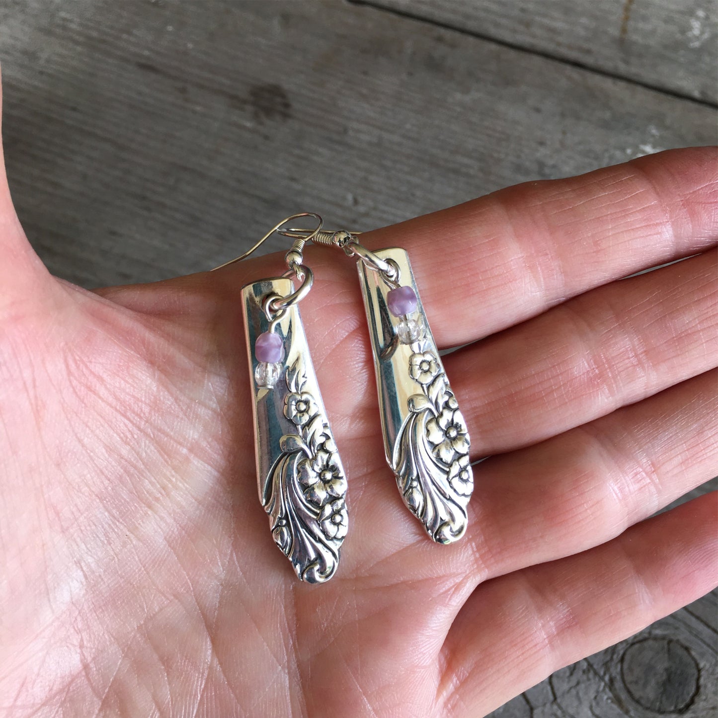 Spoon Earrings Oneida Evening Star Shown in Hand for Scale