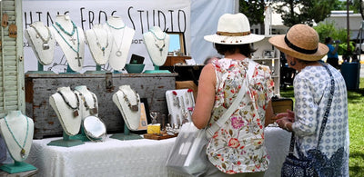 Laughing Frog Studio art show booth displaying handcrafted upcycled vintage silverware jewelry - Laughing Frog Studio