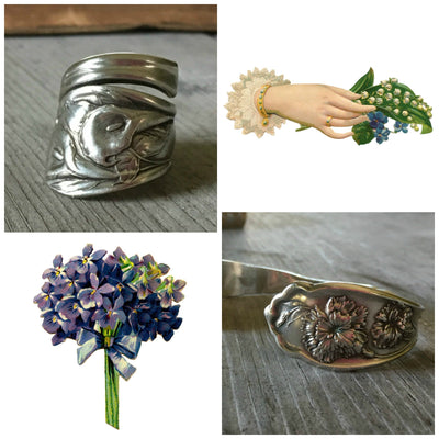 Collage of upcycled silverware jewelry featuring floral motifs including lilies and carnations - Laughing Frog Studio