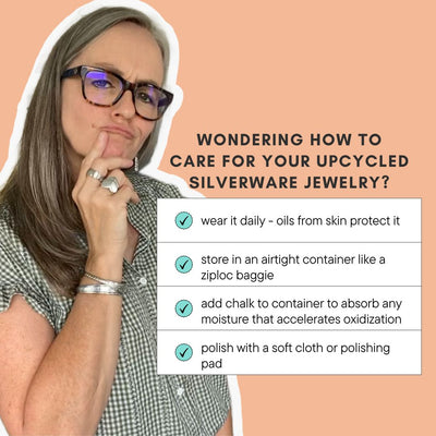 Jen Edmondson wondering how to care for upcycled silverware jewelry - care tips checklist - Laughing Frog Studio