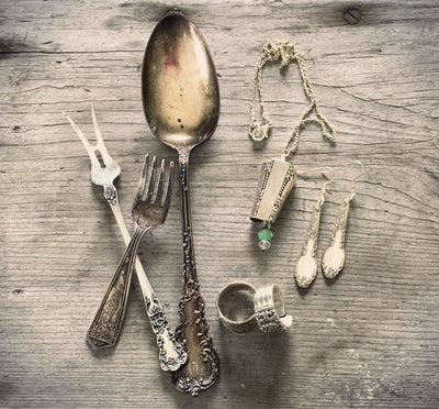 Antique silverplate and sterling silver silverware alongside handcrafted upcycled silverware jewelry - before and after transformation - Laughing Frog Studio