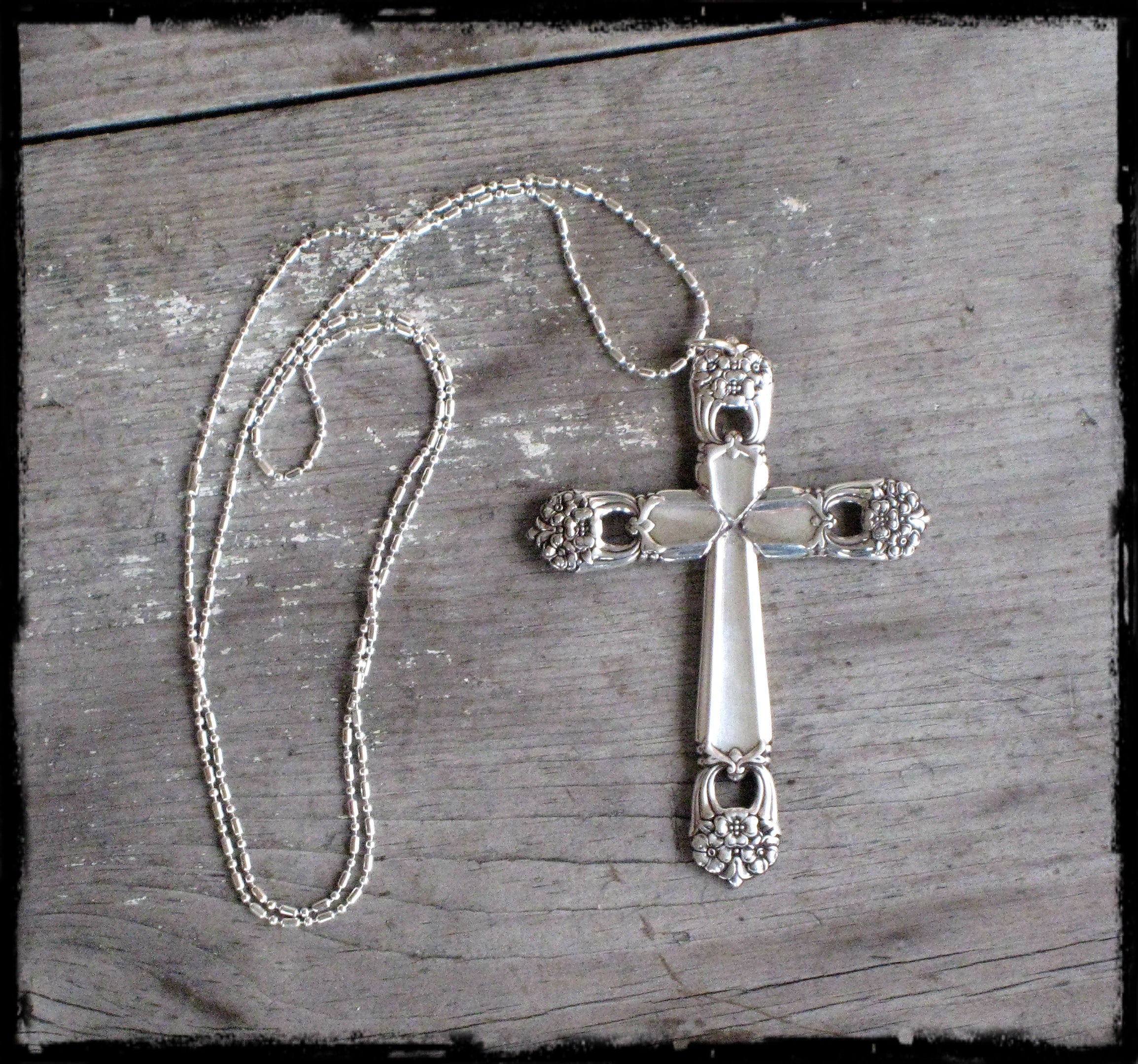 1847 Rogers Bros Eternally Yours pattern handmade silverware cross necklace — upcycled vintage flatware pendant