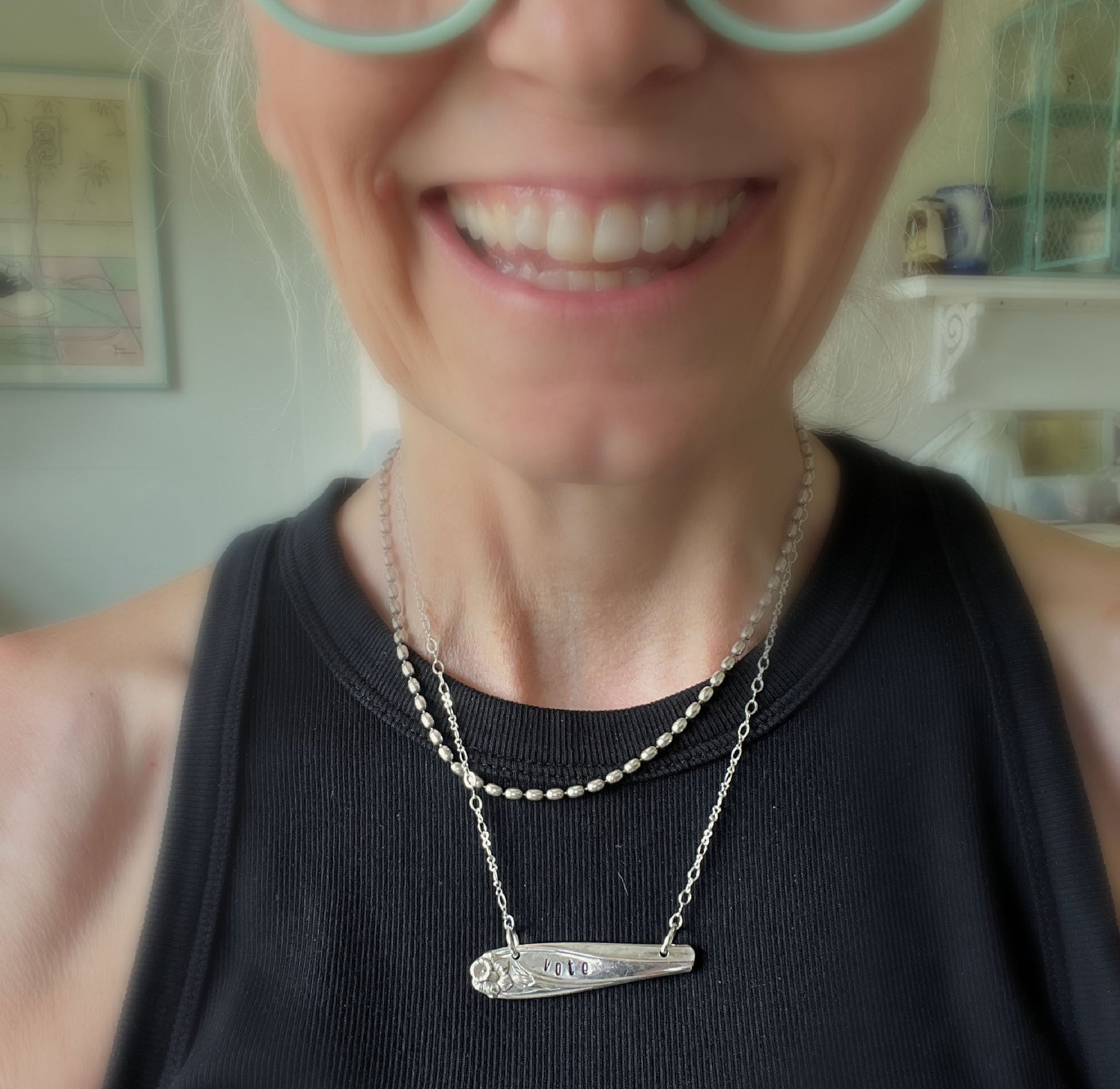 VOTE bar choker necklace worn on model at collarbone - hand-stamped upcycled vintage silverware jewelry - Laughing Frog Studio